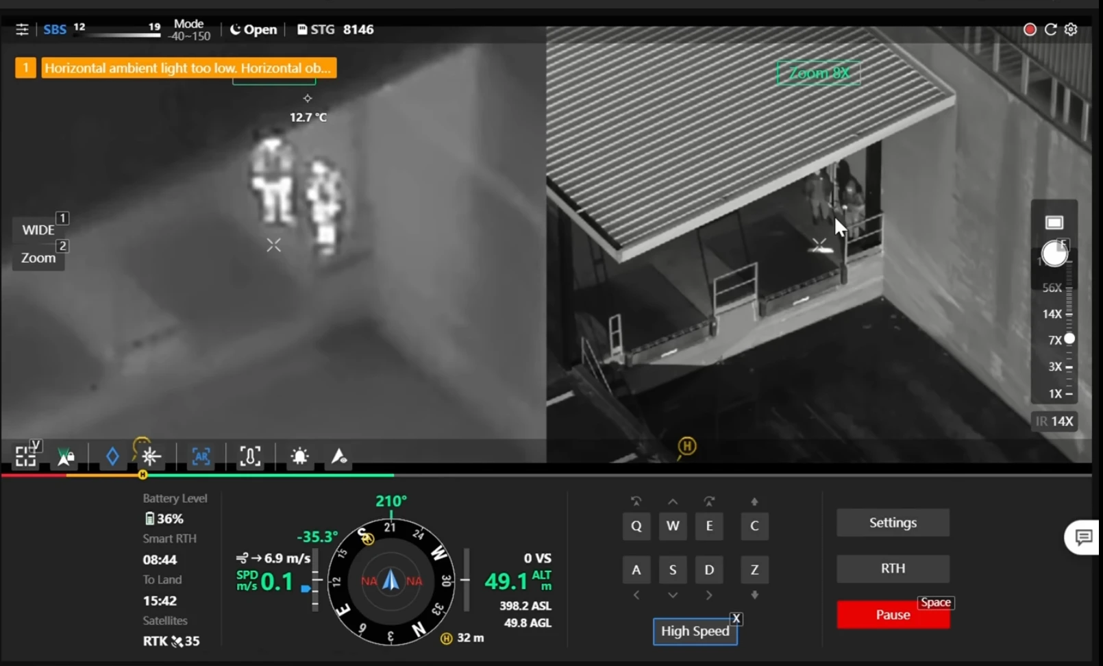 Vista térmica nocturna — cámara 640×512 detectando presencia humana